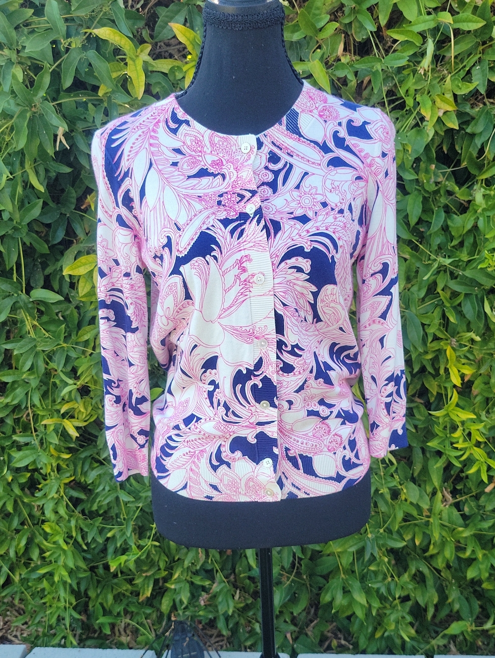 Talbots Navy and Light Pink Patterned Beaded Button Up Cardigan